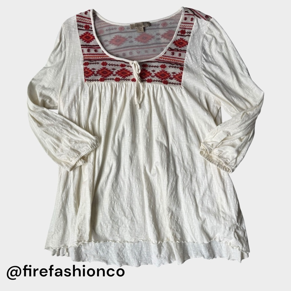 Vintage America Boho Hippie White Blouse Red Embroidery 2X